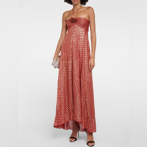 RIXO | Dresses | Nwt Rixo Samira Printed Halterneck Gown Red With Gold  Shimmer Free People | Poshmark